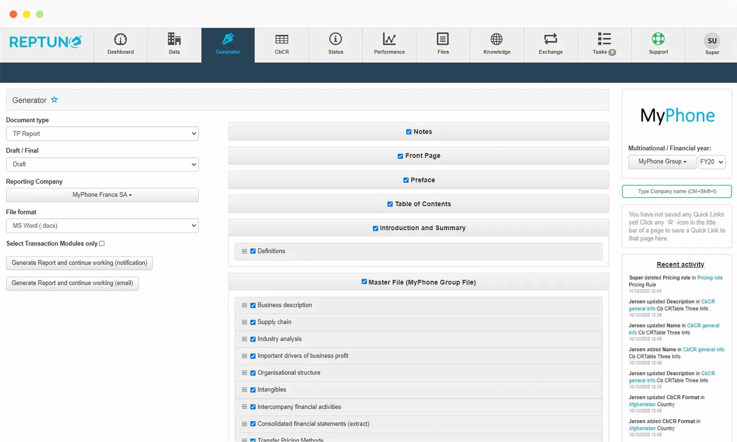 Reptune screen - transfer pricing software by TP Tuned